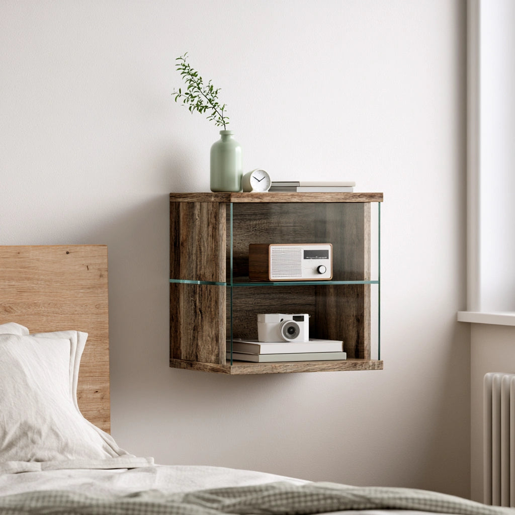Table de chevet murale en bois finition ch¨ºne mural suspendu, coloris gris et ch¨ºne clair